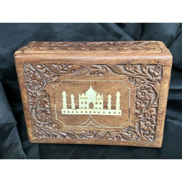 Hand Carved Wooden Box Taj Mahal Inlay Made In India By Archana Handicrafts 7" - Picture 1 of 11